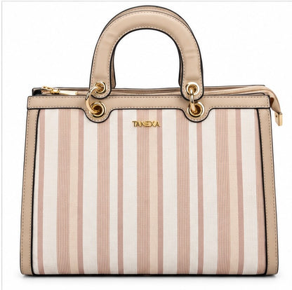 BEIGE & PINK STRIPED TOP HANDLE HANDBAG