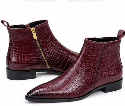 WINE RED CROCODILE EMBOSSED CHELSEA BOOTS