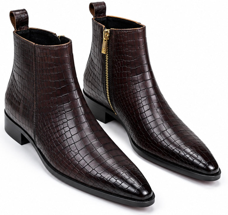 CHOCOLATE BROWN CROCODILE EMBOSSED ANKLE BOOTS