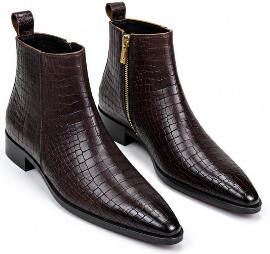 CHOCOLATE BROWN CROCODILE EMBOSSED ANKLE BOOTS