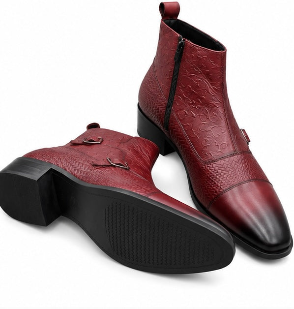 PREMIUM BURGUNDY BUCKLE DETAIL LEATHER ANKLE BOOTS