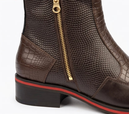 PREMIUM BROWN CROCODILE-EMBOSSED LEATHER SQUARE-TOE CHELSEA BOOTS WITH GOLD SIDE ZIPPER