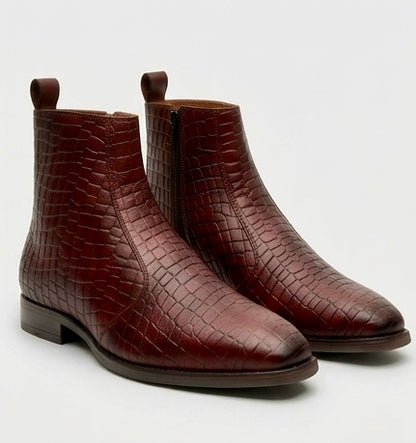 MEN’S PREMIUM CROCODILE EMBOSSED BROWN CHELSEA BOOTS – LUXURY LEATHER ANKLE BOOTS