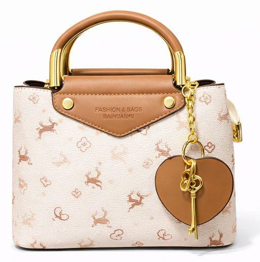 ELEGANT DEER PRINT TOP HANDLE HANDBAG WITH HEART CHARM