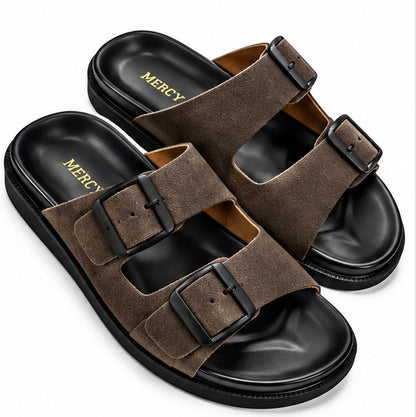 MEN’S DOUBLE-BUCKLE SLIDES – BROWN