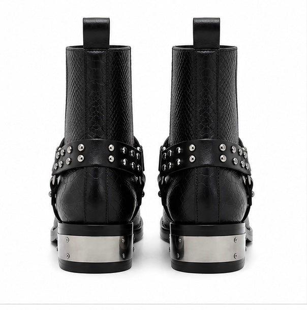 BLACK SNAKE TEXTURED STUDDED ANKLE BOOTS