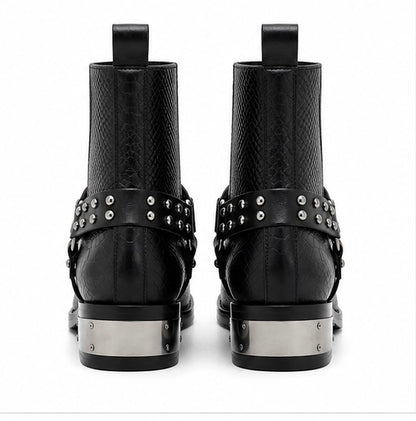 BLACK SNAKE TEXTURED STUDDED ANKLE BOOTS