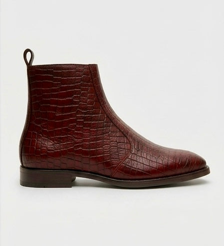 MEN’S PREMIUM CROCODILE EMBOSSED BROWN CHELSEA BOOTS – LUXURY LEATHER ANKLE BOOTS