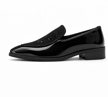MEN'S PREMIUM BLACK PATENT LEATHER DESIGNER LOAFER SHOES WITH TEXTURED UPPER