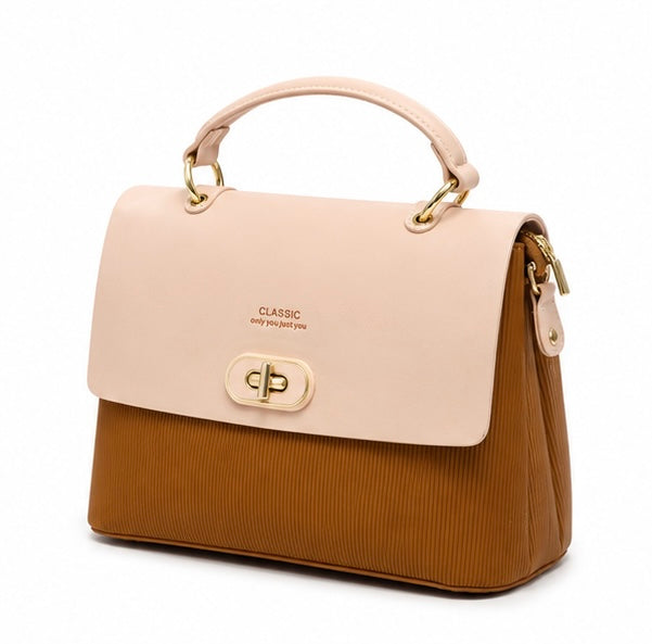 BLUSH PINK & CAMEL BROWN CLASSIC HANDBAG WITH GOLD CLASP