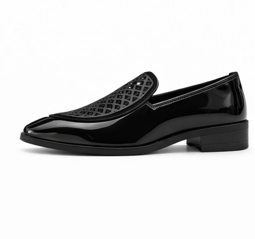 MEN'S PREMIUM BLACK PATENT LEATHER DESIGNER LOAFER SHOES WITH TEXTURED UPPER