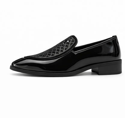 MEN'S PREMIUM BLACK PATENT LEATHER DESIGNER LOAFER SHOES WITH TEXTURED UPPER