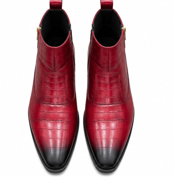 PREMIUM BURGUNDY CROCODILE TEXTURED LEATHER CHELSEA BOOTS