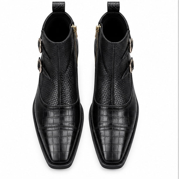 BLACK CROC TEXTURE DOUBLE BUCKLE ANKLE BOOTS