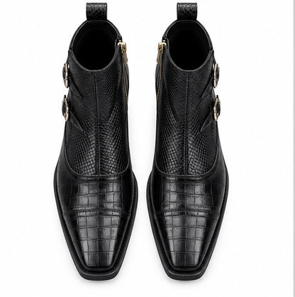 BLACK CROC TEXTURE DOUBLE BUCKLE ANKLE BOOTS