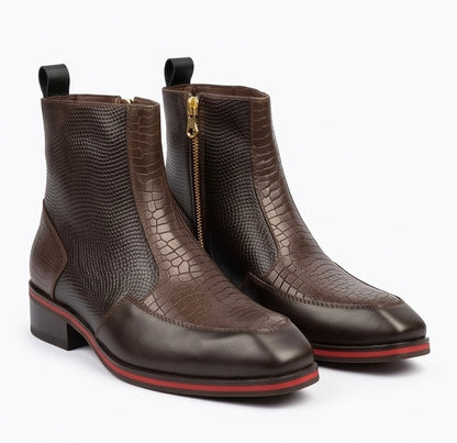 PREMIUM BROWN CROCODILE-EMBOSSED LEATHER SQUARE-TOE CHELSEA BOOTS WITH GOLD SIDE ZIPPER