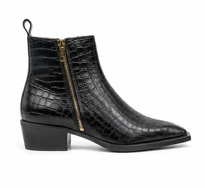 PREMIUM BLACK CROCODILE EMBOSSED LEATHER ANKLE BOOTS WITH GOLD SIDE ZIPPER