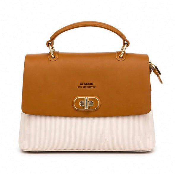 CAMEL BROWN & CREAM STRUCTURED HANDBAG WITH GOLD CLASP
