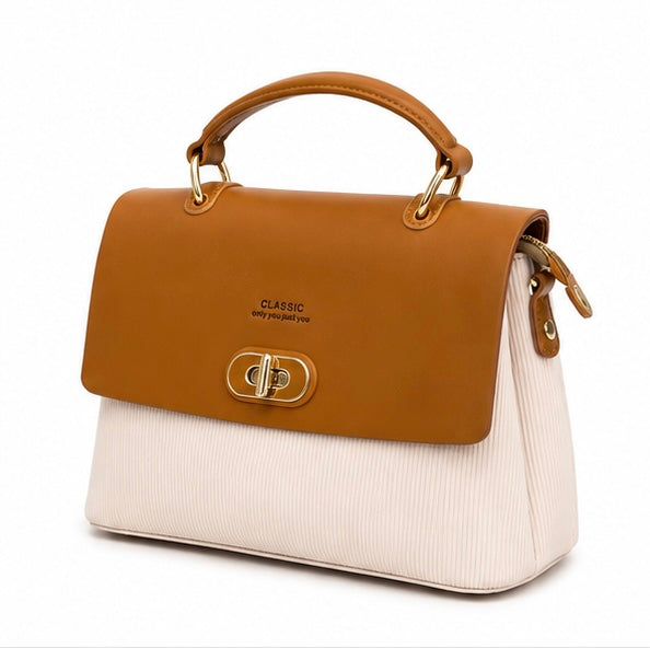 CAMEL BROWN & CREAM STRUCTURED HANDBAG WITH GOLD CLASP