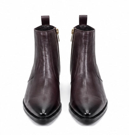 PREMIUM DARK BROWN LEATHER ANKLE BOOTS WITH GOLD ZIPPER AND SLEEK FINISH