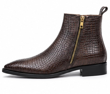 DARK BROWN CROCODILE EMBOSSED ZIP CHELSEA BOOTS
