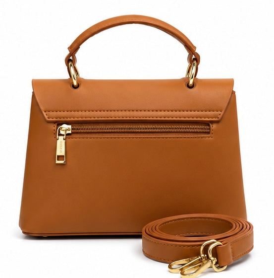 CAMEL BROWN CLASSIC STRUCTURED HANDBAG WITH LB GOLD LOGO