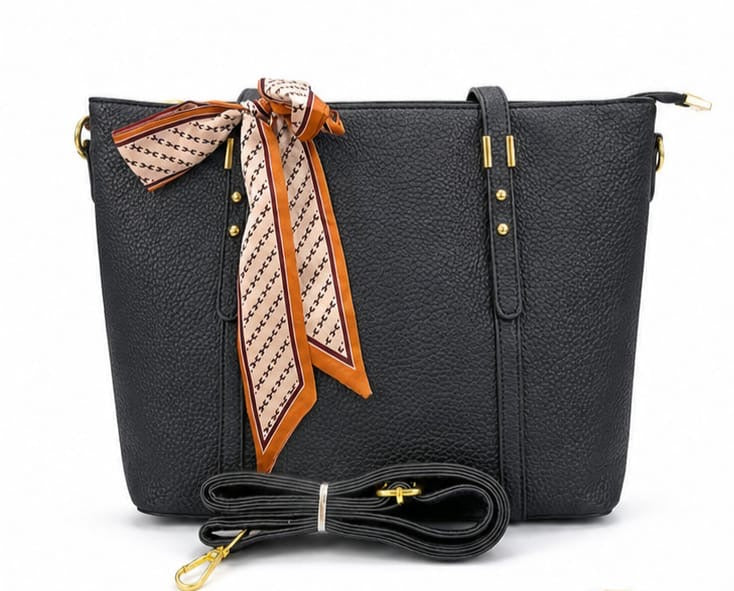 ELEGANT BLACK PEBBLED TOTE BAG WITH SCARF
