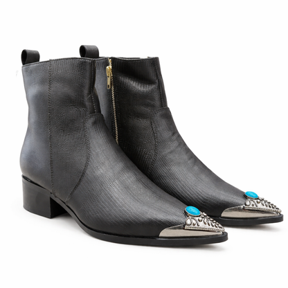 BLACK TEXTURED LEATHER ANKLE BOOTS WITH METAL TOE CAP