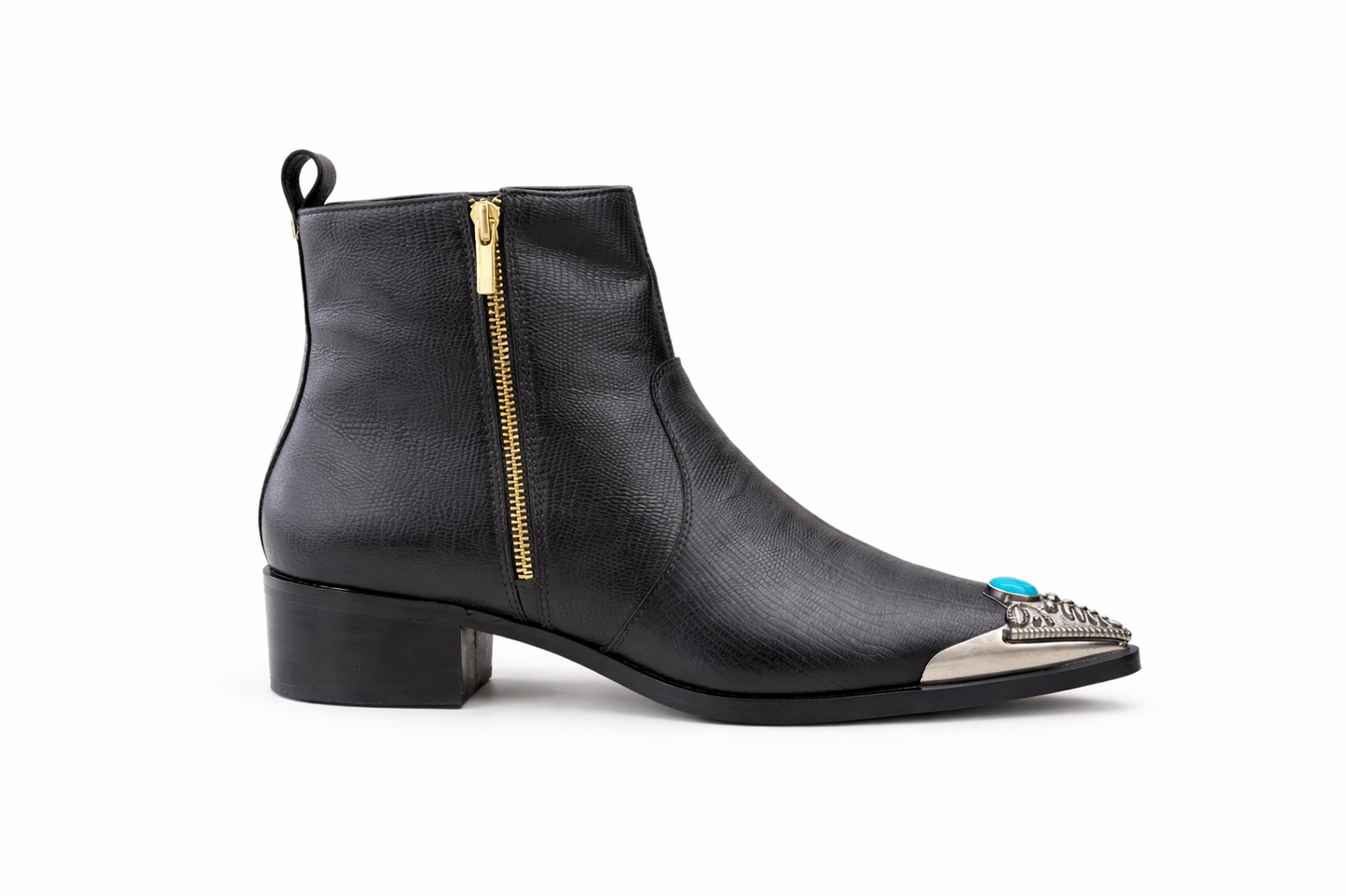 BLACK TEXTURED LEATHER ANKLE BOOTS WITH METAL TOE CAP