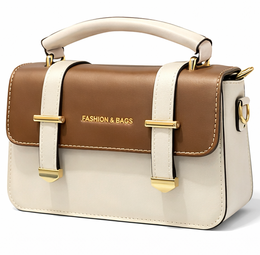 ELEGANT BROWN & CREAM TWO-TONE TOP HANDLE HANDBAG