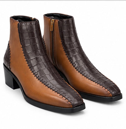 TAN & BROWN CROC TEXTURE LEATHER ANKLE BOOTS