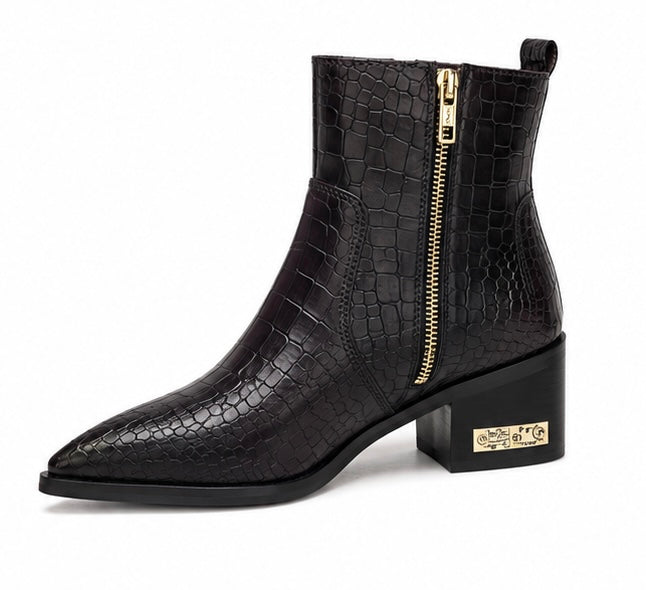 CHOCOLATE BROWN CROCODILE EMBOSSED ANKLE BOOTS