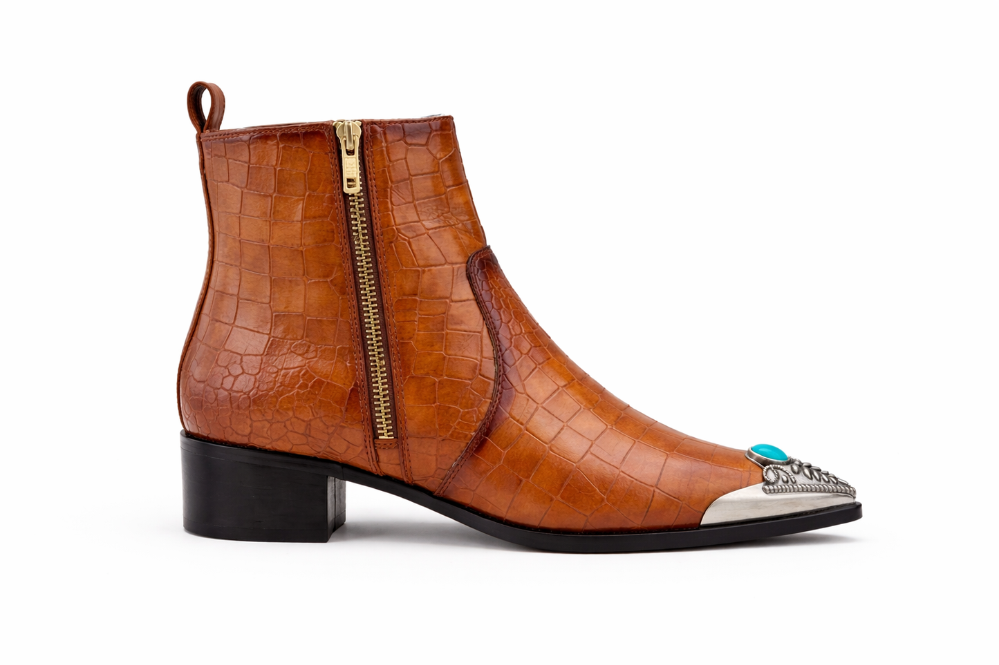 BROWN CROC TEXTURE LEATHER ANKLE BOOTS WITH METAL TOE CAP