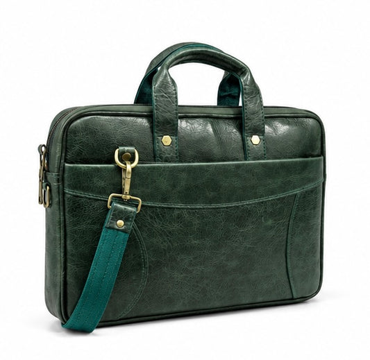 DARK GREEN LEATHER LAPTOP BRIEFCASE WITH SHOULDER STRAP