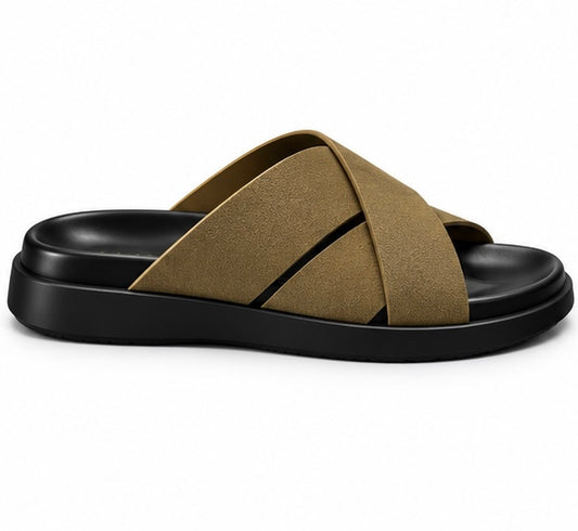 MEN’S CROSS-STRAP SLIDES – TAN