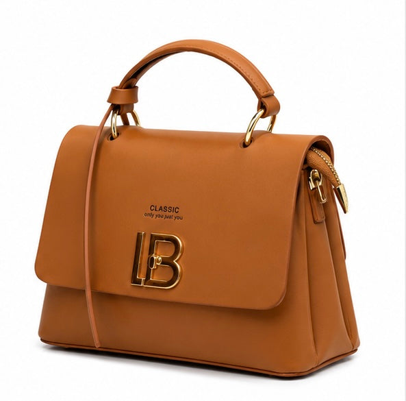 CAMEL BROWN CLASSIC STRUCTURED HANDBAG WITH LB GOLD LOGO