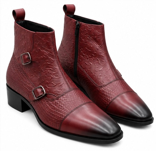 PREMIUM BURGUNDY BUCKLE DETAIL LEATHER ANKLE BOOTS
