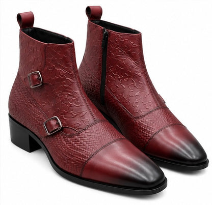 PREMIUM BURGUNDY BUCKLE DETAIL LEATHER ANKLE BOOTS