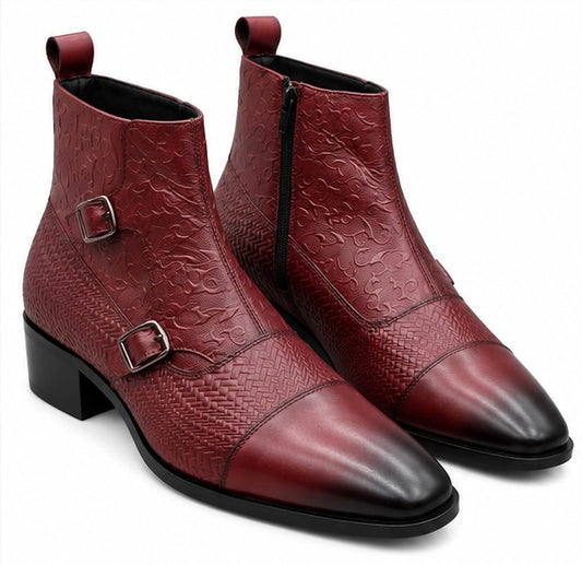 PREMIUM BURGUNDY BUCKLE DETAIL LEATHER ANKLE BOOTS