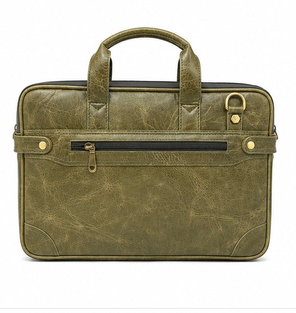 OLIVE GREEN LEATHER LAPTOP BRIEFCASE WITH BACK ZIP POCKET