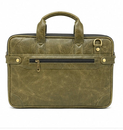 OLIVE GREEN LEATHER LAPTOP BRIEFCASE WITH BACK ZIP POCKET