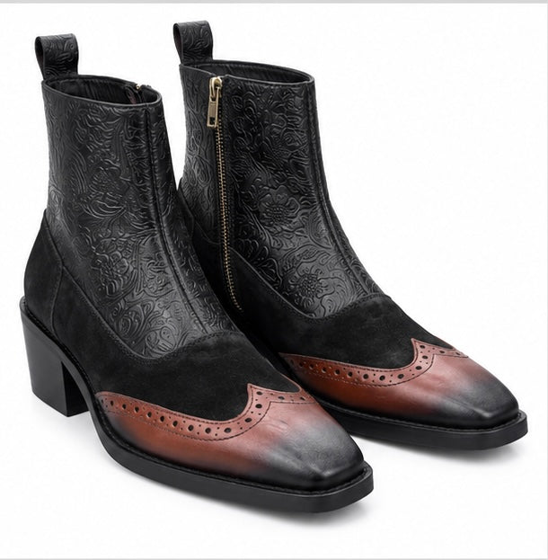 BLACK & BROWN BROGUE EMBOSSED LEATHER ANKLE BOOTS