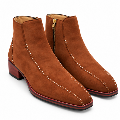 COGNAC SUEDE STITCHED ZIPPER ANKLE BOOTS