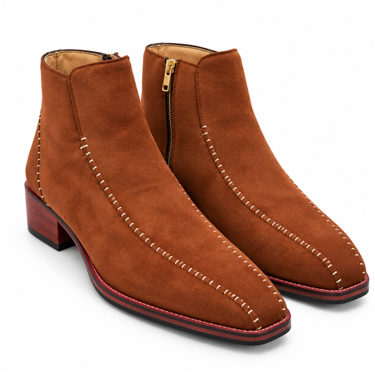 COGNAC SUEDE STITCHED ZIPPER ANKLE BOOTS