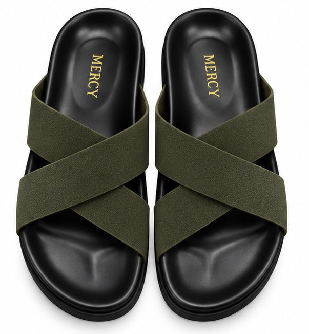MEN’S CROSS-STRAP SLIDES – OLIVE