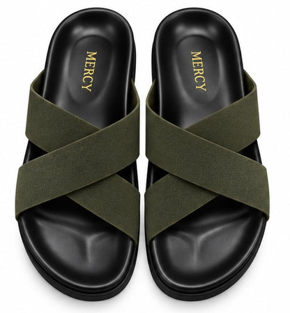 MEN’S CROSS-STRAP SLIDES – OLIVE