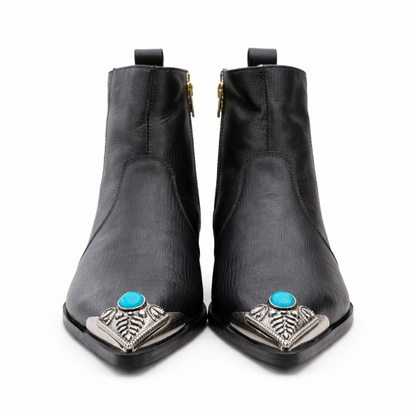 BLACK TEXTURED LEATHER ANKLE BOOTS WITH METAL TOE CAP