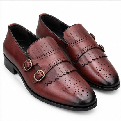 MAROON DOUBLE MONK STRAP LOAFERS WITH FRINGE DETAILING