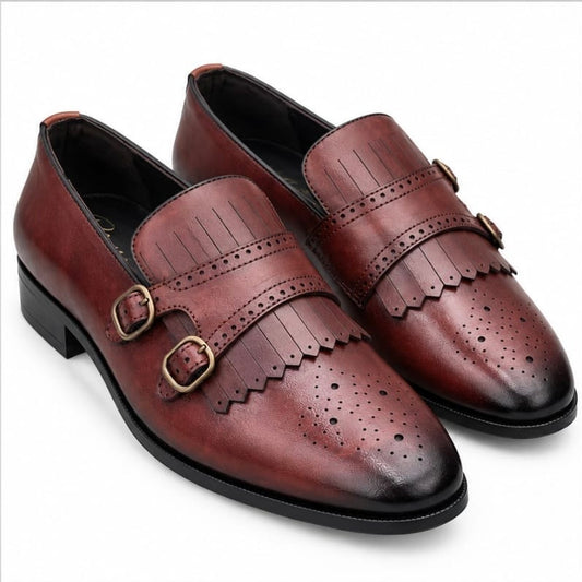 MAROON DOUBLE MONK STRAP LOAFERS WITH FRINGE DETAILING