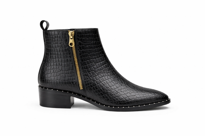 BLACK CROC-EMBOSSED ANKLE BOOTS WITH GOLD ZIP